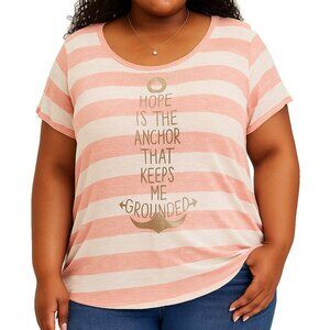 Maurices 1X 14/16 Plus Pink White Striped Nautical Anchor Graphic Tee Stretch